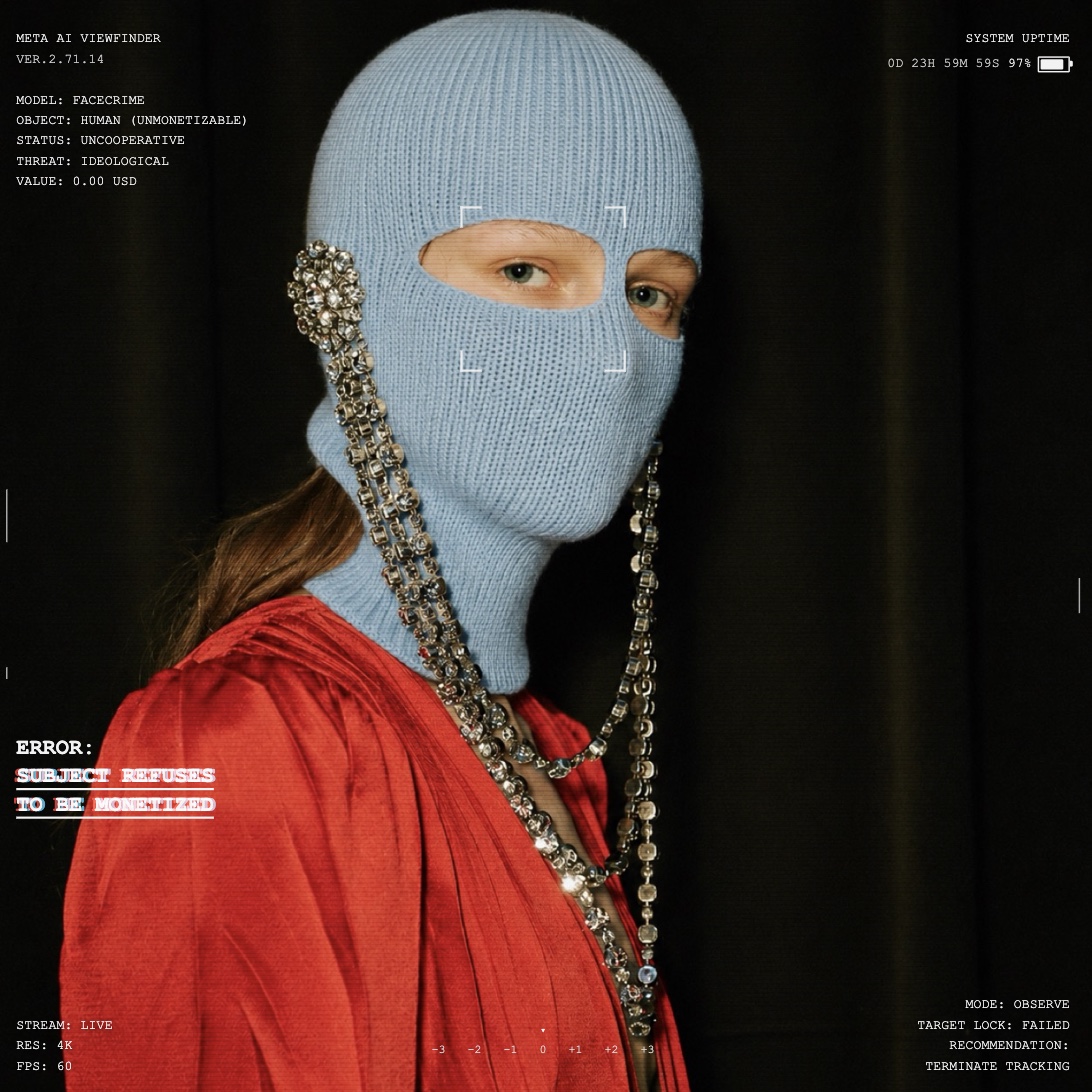 Surveillance-viewfinder mock-up: a model in the pale blue F*CK META balaclava and crystal chain, overlaid with the error “subject refuses to be monetized”.